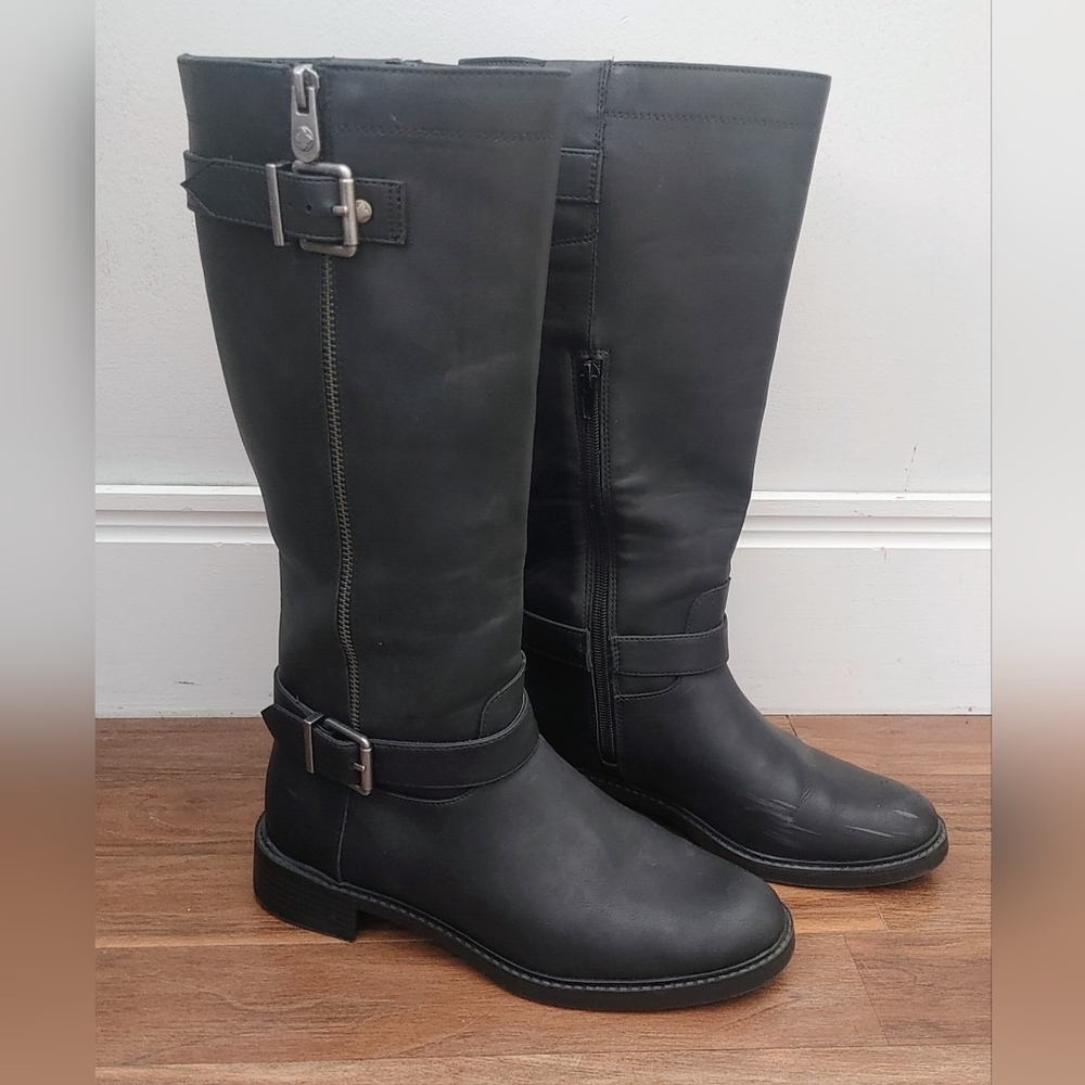 Kelly & Katie Black Heeled Boots with Buckle Detail | Size 8